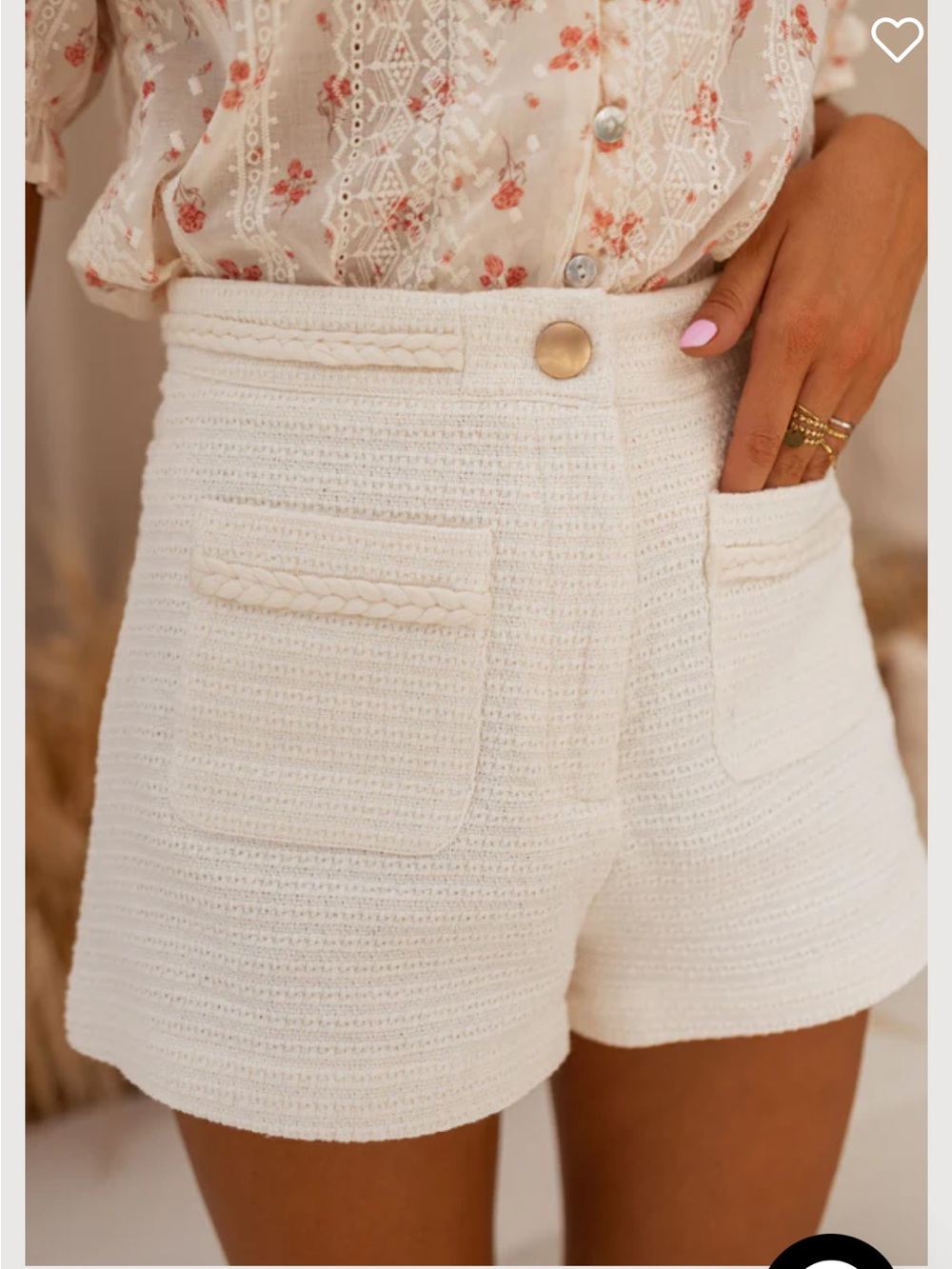 High-Waist Cream Textured Women’s Shorts with Braided Trim